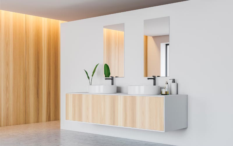 mueble suspendido doble lavabo ionel mad. Colocación de muebles de baño suspendidos con encimera y lavabo.